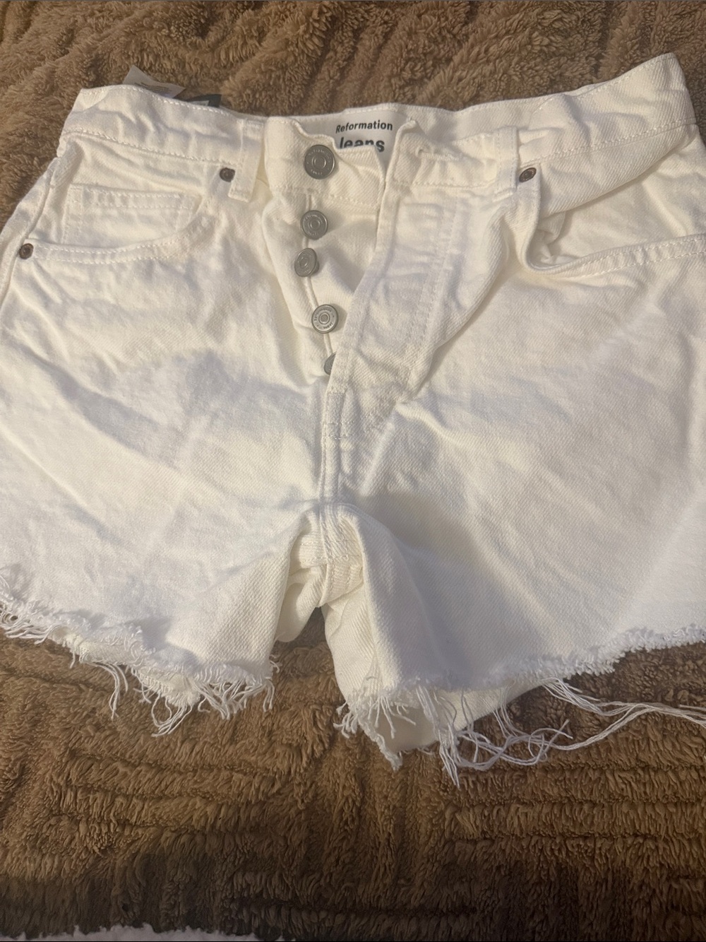 Reformation White Raw-Hem High-Rise Denim Shorts
